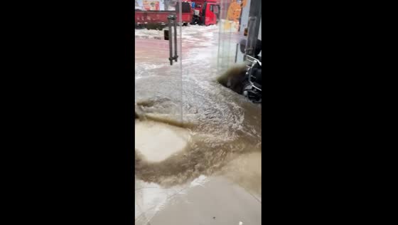 Flooded beauty shop in Shandong Province, China, amid cleanup efforts