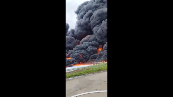 Fire burns in slop pool at Esmeraldas oil refinery in Esmeraldas, Ecuador