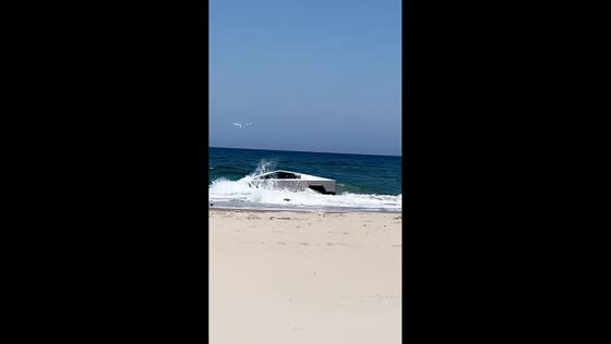 Tesla truck seen moving through sea alongside birds in Corolla, North Carolina, USA