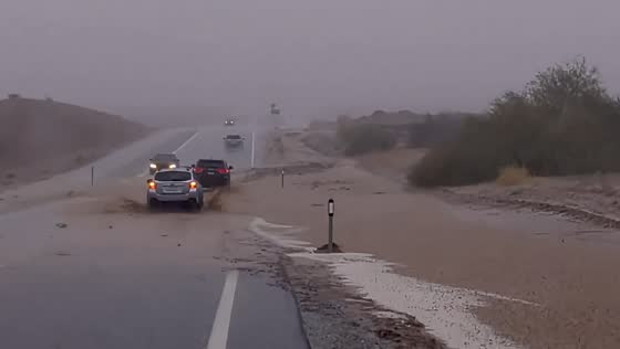 Flash flooding sweeps across roadway in Laughlin, Nevada, USA