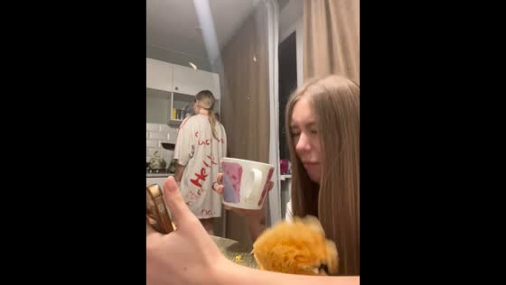 Pancake flip goes wrong in kitchen in Vladimir, Russia