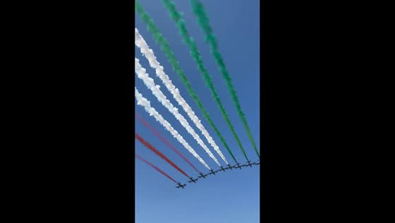 Frecce Tricolori perform Italian flag flyover at Monza Grand Prix in Monza, Italy