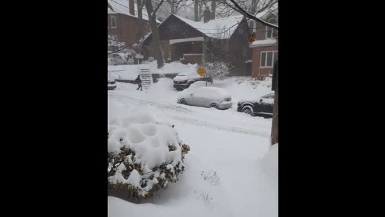 Person snowboards down snowy street in Toronto