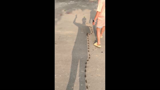 Child traces shadow with water gun in Guangdong, China