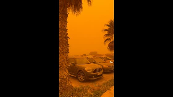 Saharan dust turns sky red over Rethymno, Crete, Greece