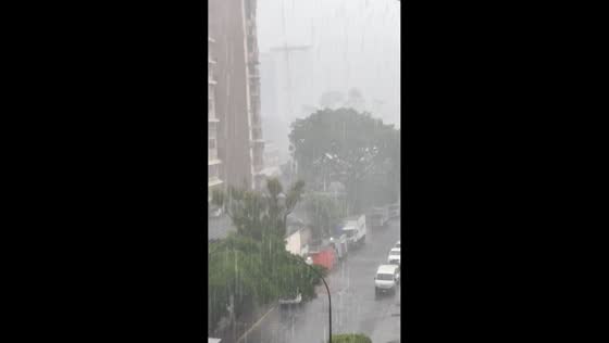 Torrential rain reduces visibility across La Urbina in Caracas, Venezuela