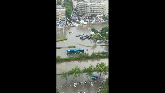 Torrential rain leaves buses stranded in floodwaters in Shandong, China