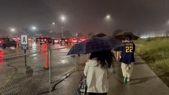 Torrential rain and lightning at American Family Field in Milwaukee, Wisconsin