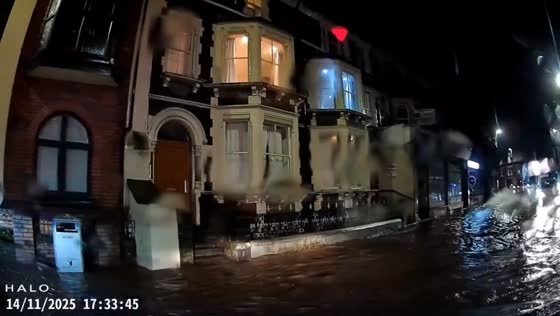Heavy overnight flooding engulfs roadway in Abergavenny, UK