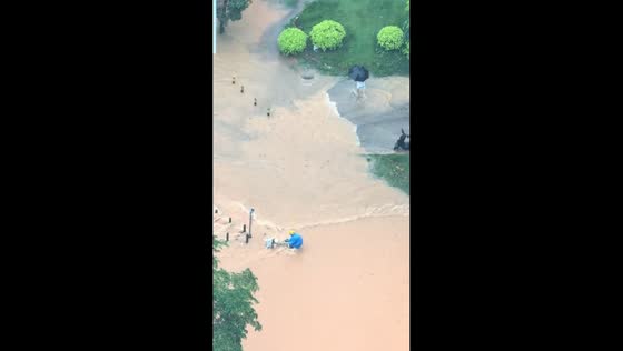 Delivery riders rescue stranded scooter driver during flash floods in Guangdong, China
