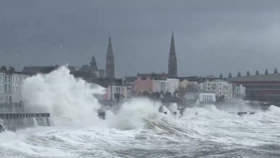 Strong waves crash at Scotsman’s Bay during storm conditions in Dublin, Ireland