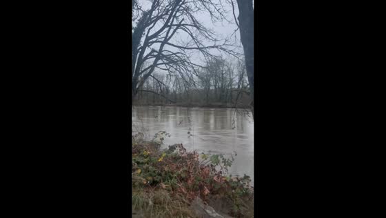 Snoqualmie River floods nearby fields during storm, Fall City, Washington, USA