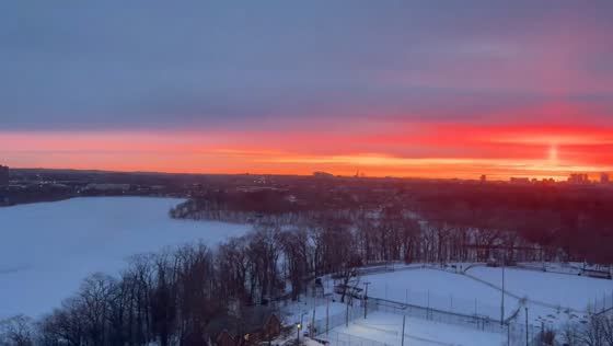 Stunning sunrise over Boston skyline in Cambridge, Massachusetts, USA