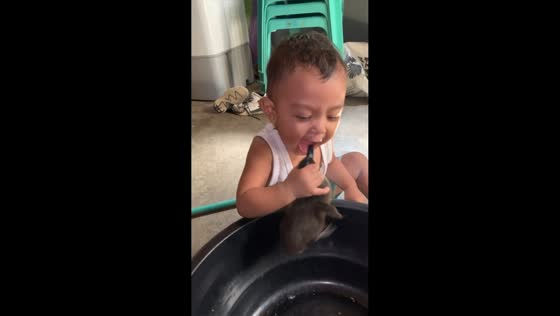 Toddler playfully interacts with duck in Kawit, Cavite, Philippines