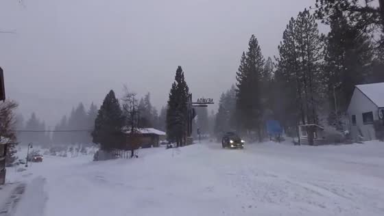Crystal Bay, Nevada blanketed in snow and swept by blustery winds