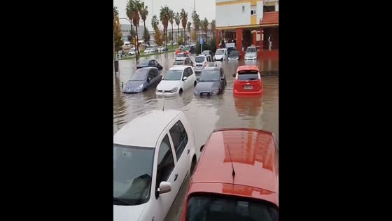 Parking area severely flooded amid heavy rainfall in Huelva, Spain