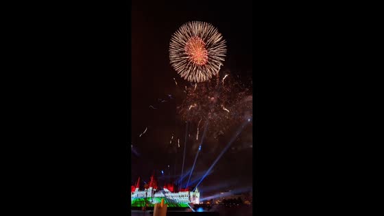 Spectacular fireworks fill the sky over Hungarian Parliament in Budapest, Hungary
