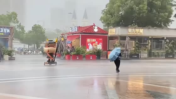 Strong winds send mascot statue rolling through rainstorm in Shanghai, China