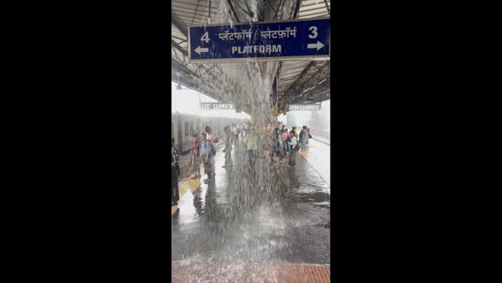 Heavy rain pours through railway station roof in Mumbai, India