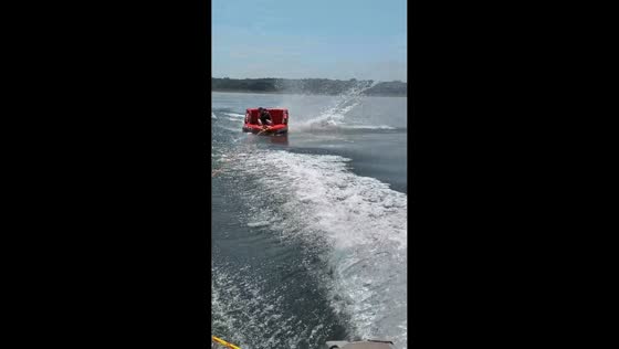 First tubing trip ends with splash in Lake Sakakawea, North Dakota, USA