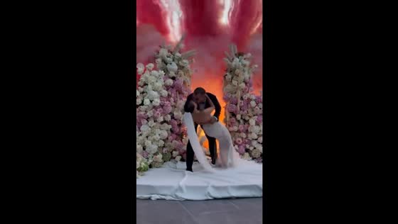 Newlyweds startled by fireworks during wedding kiss in Bodrum, Turkey