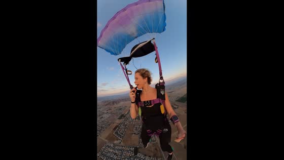 Skydiver applies makeup mid-air in Perris, California, USA