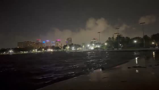 Storm-driven waves crash along the waterfront in St. Petersburg, Florida, USA