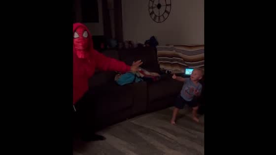 Toddler reacts with excitement to Spider-Man costume in Breinigsville, USA