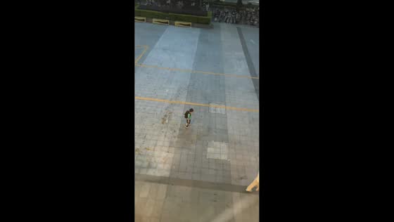 Child spins and chases swirling leaves before being pulled away in Guangdong, China