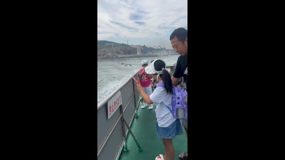 Woman accidentally drops mobile phone into water after it bounces off boat floor in Shandong, China