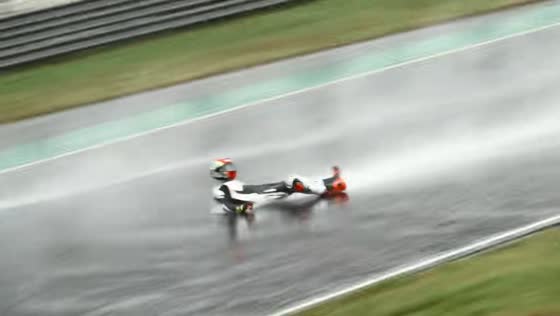 Motorcycle loses control on wet track in Zhejiang, China
