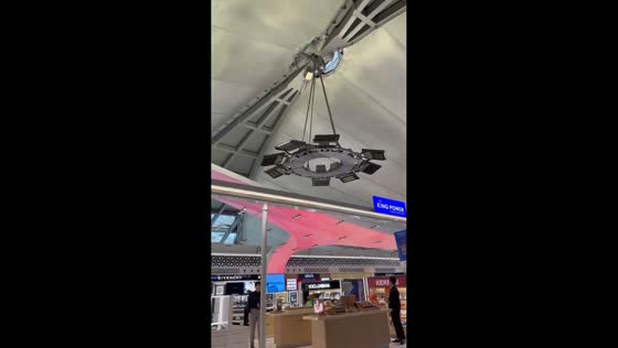Chandelier lamps shake during earthquake at Suvarnabhumi Airport, Bangkok, Thailand