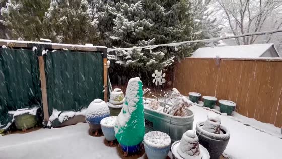 Backyard blanketed by heavy snowfall in Centennial, Colorado, USA