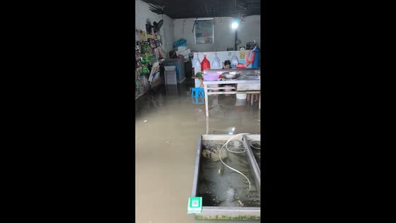 Severe flooding inundates market shops and fish containers in Sichuan, China