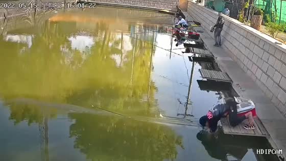 Fisherman hilariously loses balance and falls into water in Shandong, China