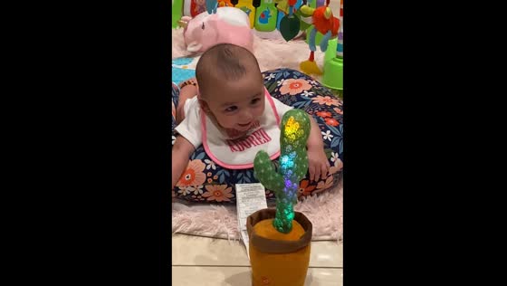 Child laughs while playing with voice-activated cactus toy in San Juan, Texas