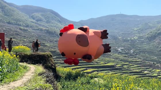 Inflatable capybara floats and bounces in Zhejiang, China
