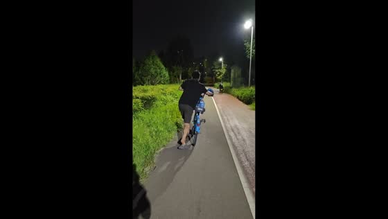 Man loses sandal and falls into bush while riding bicycle at night in Shandong, China