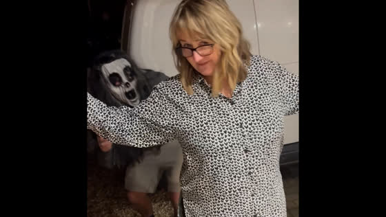 Mom startled by son in law in scary mask