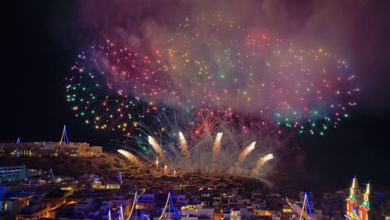 Spectacular pyromusical fireworks illuminate Mellieħa during village feast in Malta