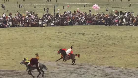 Rider leans back for speed boost during horse race in Sichuan, China