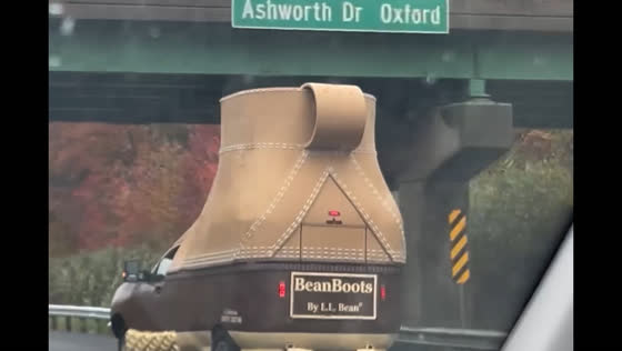 Boot-shaped car spotted promoting BeanBoots in Milbury