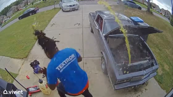 Car maintenance mishap caught on security video in Augusta, Georgia