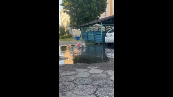 Child falls into puddle after scooter trips in Żyrardów, Poland
