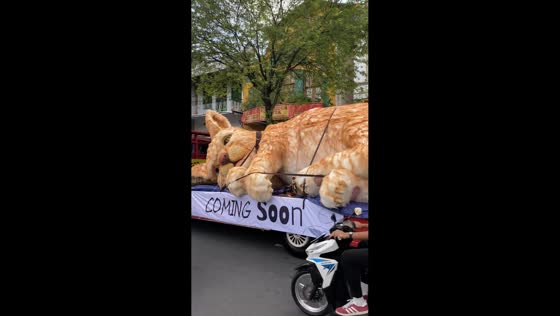 Giant blinking cat installation draws attention on road in Yogyakarta, Indonesia