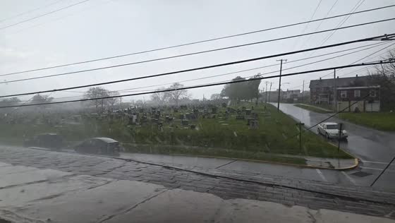 Heavy rain and strong winds reduce visibility in Brackenridge, Pennsylvania, USA