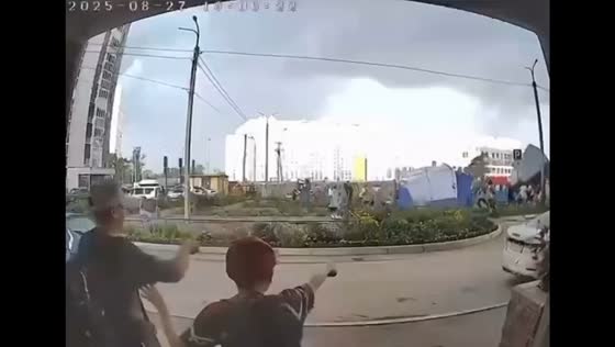 Strong winds overturn inflatable trampoline in Ufa, Russia