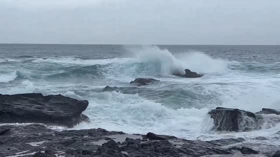 Powerful waves crash against Jogashima coast as Typhoon 23 nears in Kanagawa Prefecture, Japan