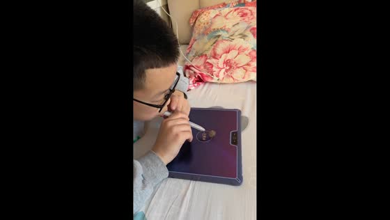 Boy spins coin using stylus on device in Heilongjiang, China