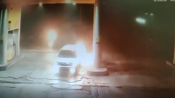 Driver escapes fiery disaster: man flees gas station in burning car